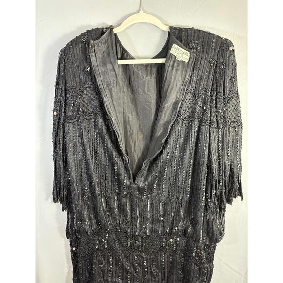 Judith Ann Plus Early 80s sz 1X Beaded Sequin Flapper Dress Fringe Sleeve/Hem - Picture 3 of 6